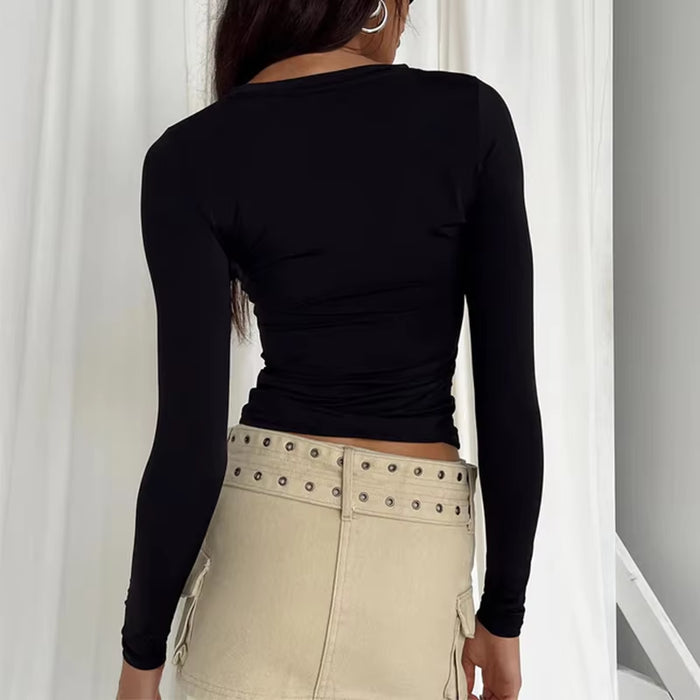 Women's Long Sleeve Solid Slim Fit Casual T-Shirt - Spring Autumn Streetwear Crop Top