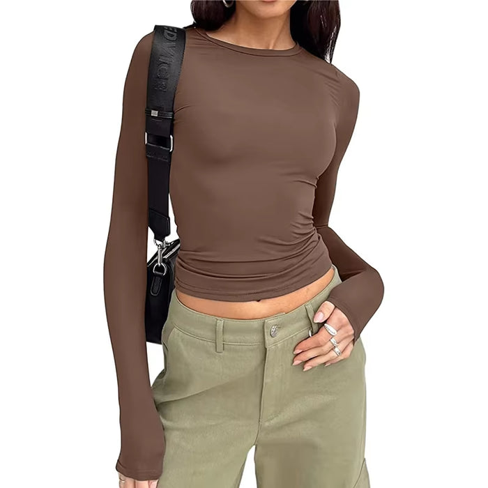 Women's Long Sleeve Solid Slim Fit Casual T-Shirt - Spring Autumn Streetwear Crop Top