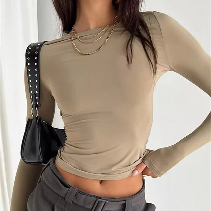 Women's Long Sleeve Solid Slim Fit Casual T-Shirt - Spring Autumn Streetwear Crop Top
